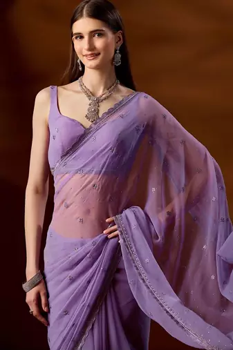 Lavender floral beads and stones  chiffon saree