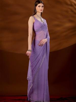 Lavender floral beads and stones  chiffon saree 3