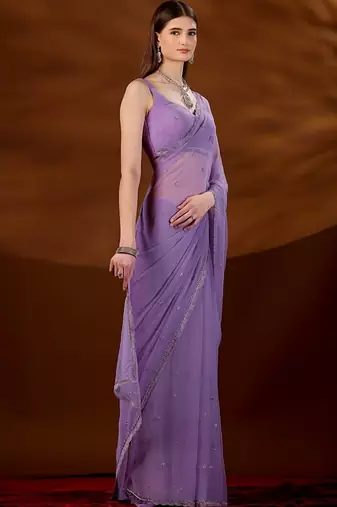 Lavender floral beads and stones  chiffon saree