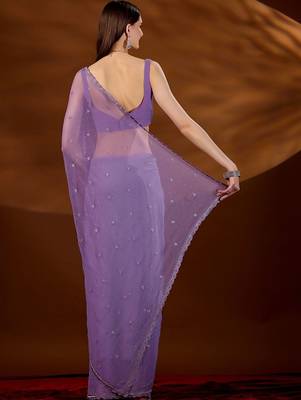 Lavender floral beads and stones  chiffon saree 4