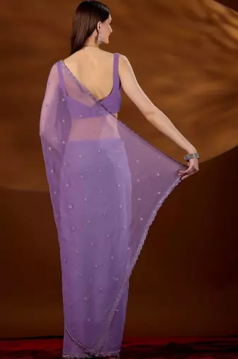 Lavender floral beads and stones  chiffon saree