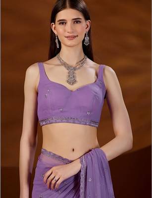 Lavender floral beads and stones  chiffon saree 5