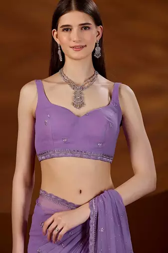 Lavender floral beads and stones  chiffon saree