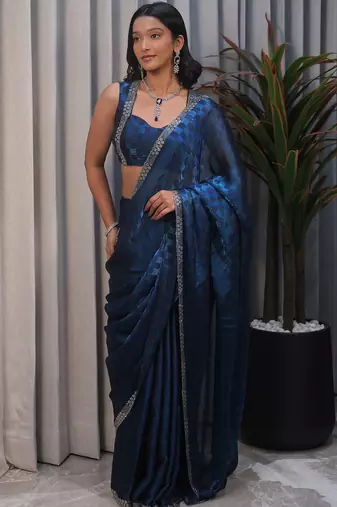 Blue checked tissue heavy work saree