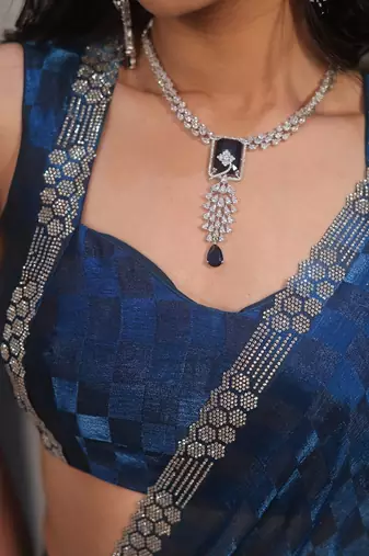 Blue checked tissue heavy work saree
