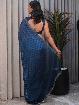 Blue checked tissue heavy work saree 5
