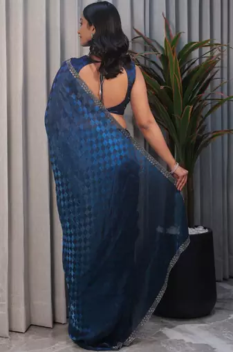 Blue checked tissue heavy work saree