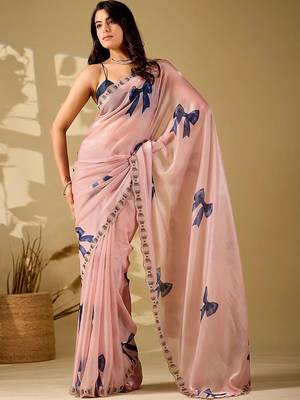Pink beads and stones organza saree 1