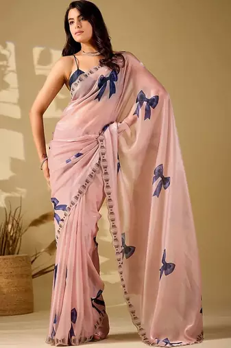Pink beads and stones organza saree