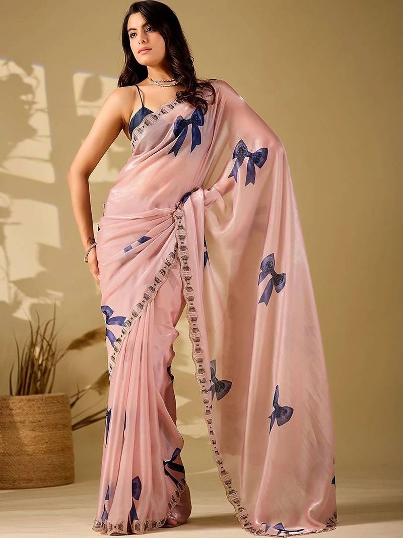 Pink beads and stones organza saree