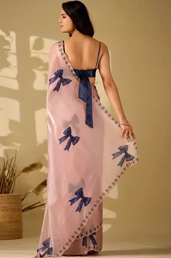 Pink beads and stones organza saree