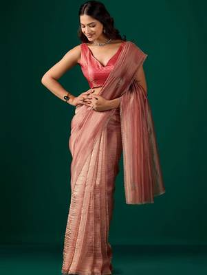 Pink embroidered organza saree 1