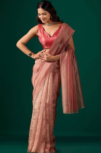 Pink embroidered organza saree