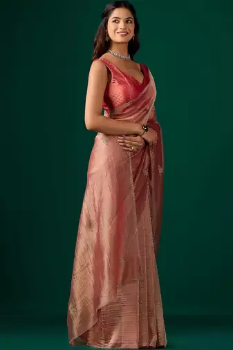 Pink embroidered organza saree