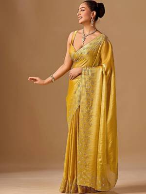 Yellow embellished beads and stones organza heavy work saree 1
