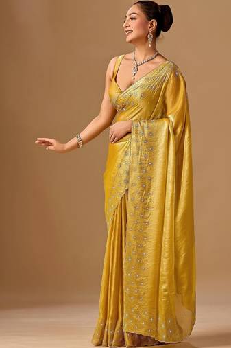 Yellow embellished beads and stones organza heavy work saree