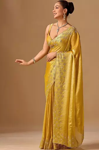 Yellow embellished beads and stones organza heavy work saree