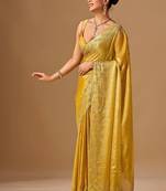 Yellow embellished beads and stones organza heavy work saree