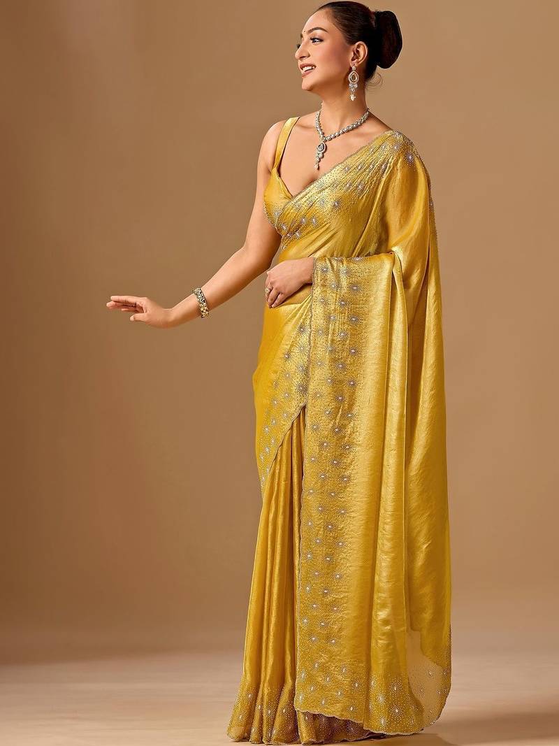 Yellow embellished beads and stones organza heavy work saree