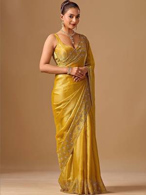 Yellow embellished beads and stones organza heavy work saree 3