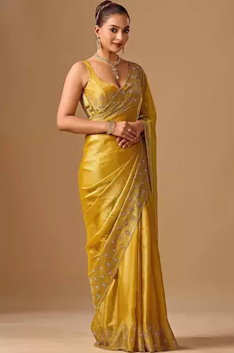 Yellow embellished beads and stones organza heavy work saree