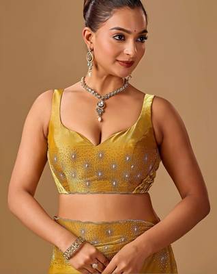 Yellow embellished beads and stones organza heavy work saree 4