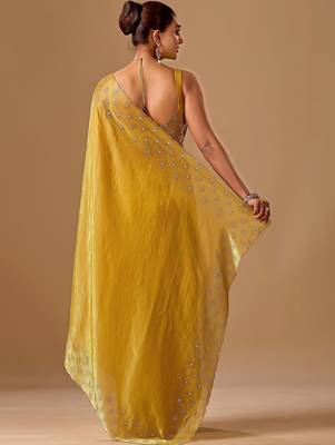 Yellow embellished beads and stones organza heavy work saree 5
