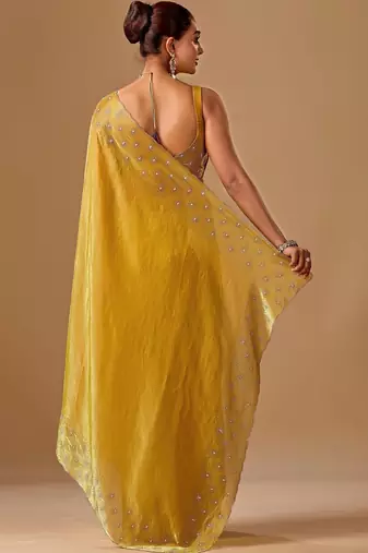 Yellow embellished beads and stones organza heavy work saree