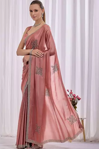 Rose woven design beads and stones saree