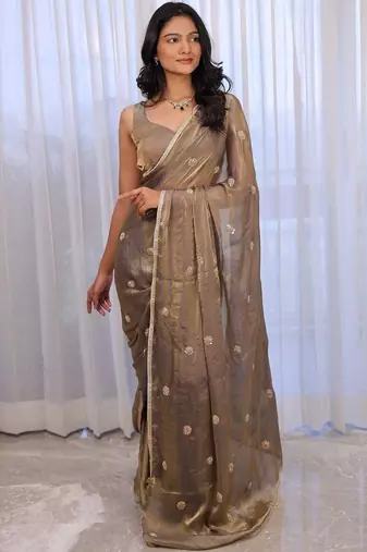 Grey embellished embroidered silk cotton heavy work saree