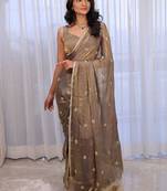 Grey embellished embroidered silk cotton heavy work saree
