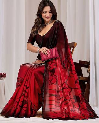 Maroon floral beads and stones organza saree 1