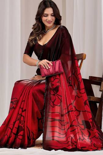 Maroon floral beads and stones organza saree
