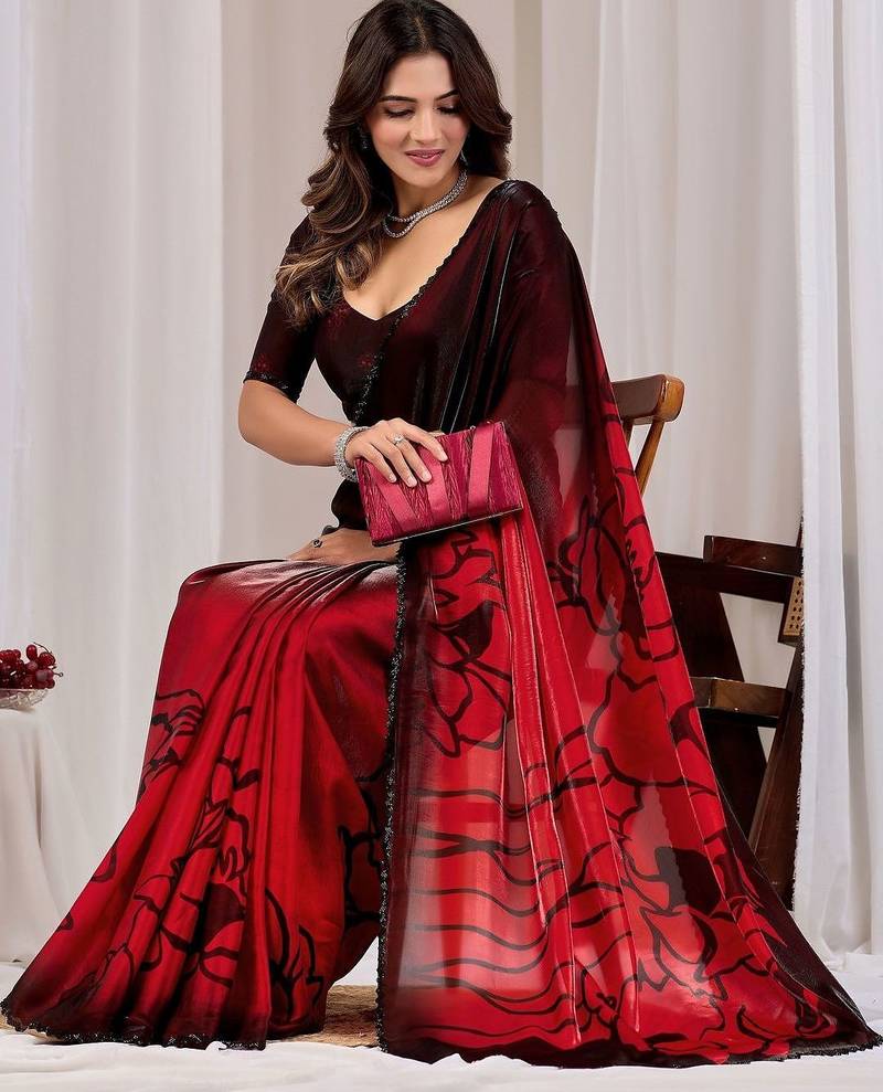 Maroon floral beads and stones organza saree