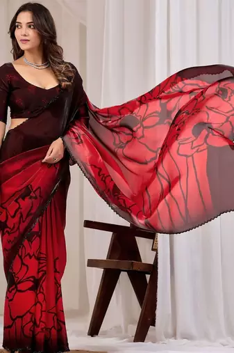 Maroon floral beads and stones organza saree