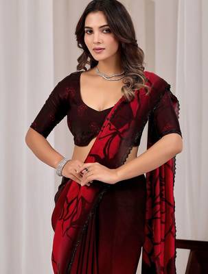 Maroon floral beads and stones organza saree 3