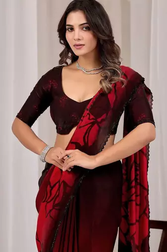Maroon floral beads and stones organza saree