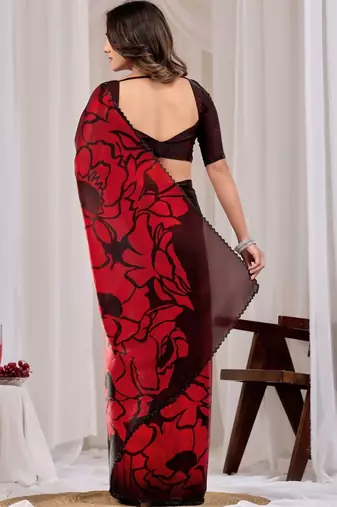 Maroon floral beads and stones organza saree