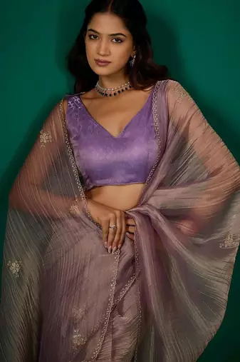 Lavender embroidered organza saree