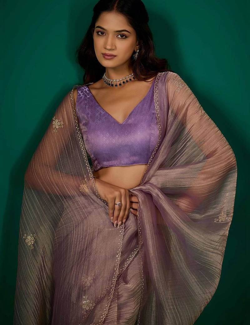 Lavender embroidered organza saree