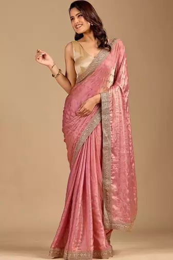 Pink embellished embroidered organza heavy work saree
