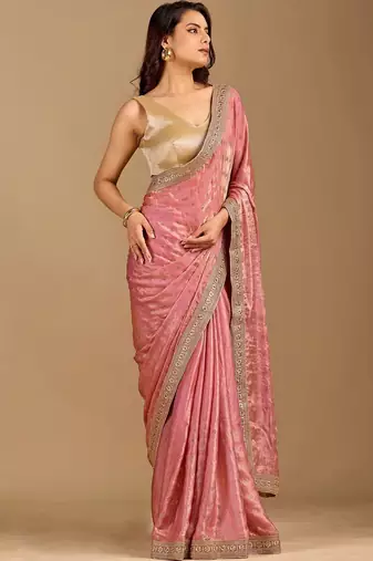 Pink embellished embroidered organza heavy work saree