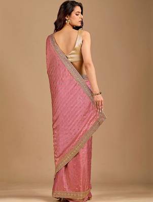 Pink embellished embroidered organza heavy work saree 4