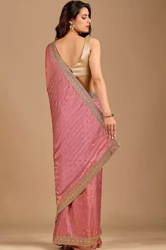 Pink embellished embroidered organza heavy work saree