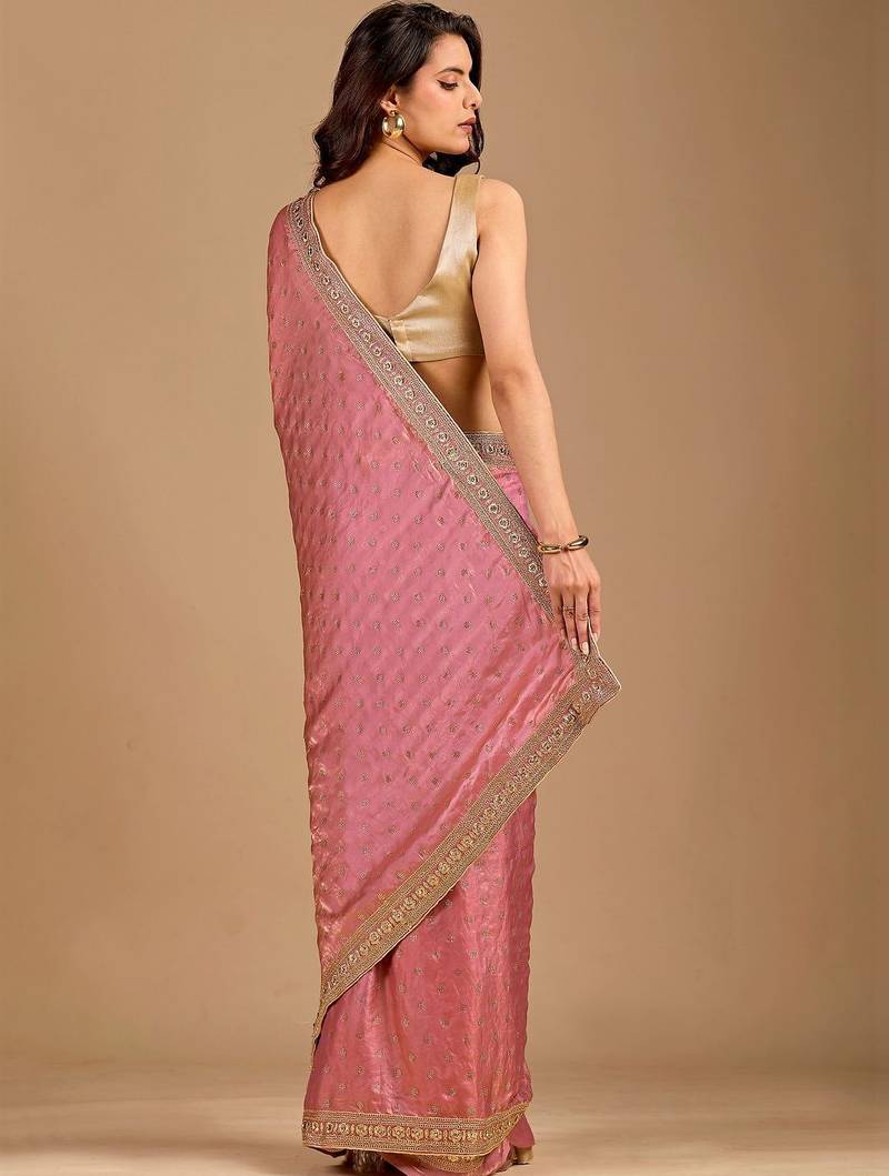 Pink embellished embroidered organza heavy work saree