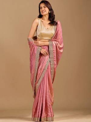 Pink embellished embroidered organza heavy work saree 5