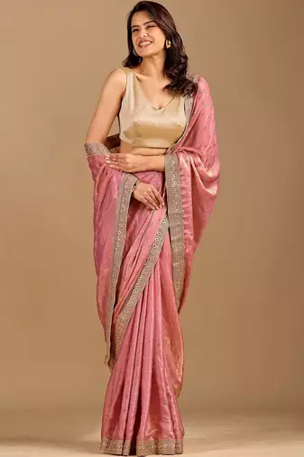 Pink embellished embroidered organza heavy work saree
