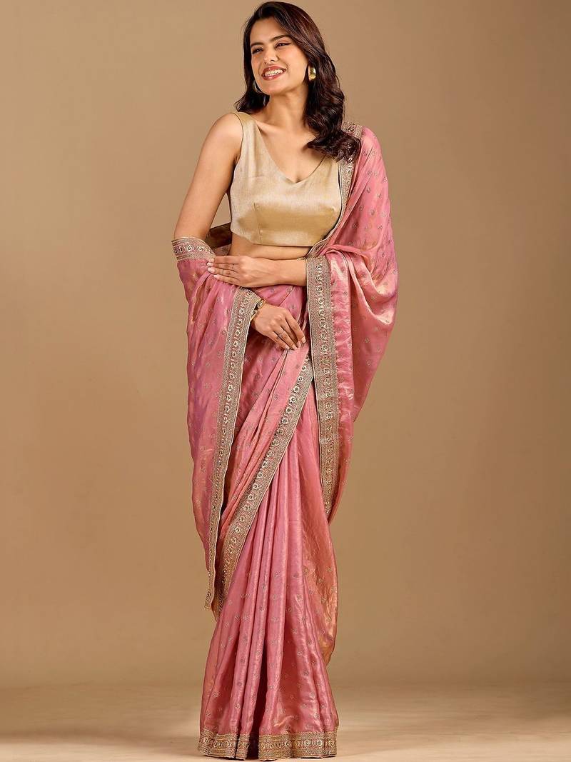 Pink embellished embroidered organza heavy work saree
