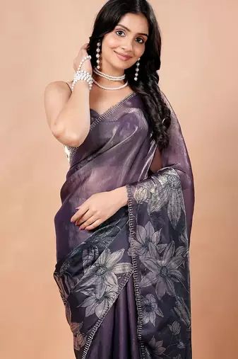 Purple floral beads and stones organza saree