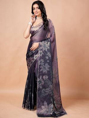 Purple floral beads and stones organza saree 2